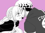  1girl :o beard black_hair blush breasts cape cheek_kiss cleavage close-up earrings face facial_hair flying_sweatdrops goatee hat hetero jewelry kiss large_breasts long_hair monochrome niigura_koh one_piece open_mouth purple_background rebecca_(one_piece) short_hair simple_background trafalgar_law upper_body 