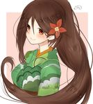  amagi_(kantai_collection) breasts brown_eyes brown_hair close-up flower furisode hair_between_eyes hair_flower hair_ornament highres japanese_clothes kantai_collection kimono large_breasts long_hair looking_at_viewer mole mole_under_eye nora_(salatto) ponytail smile solo 