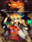  :o amulet backpack bag bandana bangs belt blonde_hair bone breathing_fire cadence_(necrodancer) copyright_name crypt_of_the_necrodancer crystal dirty dragon english fingerless_gloves fire gloves green_eyes holding jewelry long_hair looking_at_viewer mitake_eiru necklace scroll serious sheath sheathed shovel side_slit slime solo sword v-shaped_eyebrows weapon 