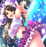  :d breasts brown_hair confetti crop_top derauea hair_ribbon idolmaster idolmaster_cinderella_girls large_breasts long_hair looking_at_viewer microphone midriff navel open_mouth panties pantyshot pantyshot_(standing) pink_check_school reaching ribbon shimamura_uzuki skindentation skirt skirt_lift smile solo standing sweat underwear wind wind_lift wireless yellow_eyes 