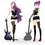  ass bare_shoulders blue_eyes boots breasts cleavage esp_guitars guitar high_heel_boots high_heels instrument large_breasts lips lipstick long_hair makeup mascara mismatched_legwear mole mole_under_eye multiple_views original orry ponytail purple_hair thighhighs 