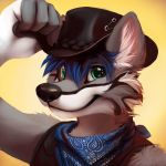  2019 anthro black_nose canine clothed clothing cowboy hat looking_at_viewer male mammal scarf smile solo thanshuhai wolf 