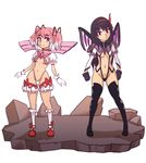  adapted_costume akemi_homura argyle argyle_legwear artist_name black_hair breasts brooch caffeccino clenched_hands commentary full_body gloves hair_ribbon jewelry kamui_(kill_la_kill) kaname_madoka kill_la_kill kneehighs long_hair looking_at_another looking_at_viewer mahou_shoujo_madoka_magica midriff multicolored_hair multiple_girls navel parody pink_eyes pink_hair purple_eyes revealing_clothes ribbon short_twintails small_breasts soul_gem standing stomach thong transparent_background twintails two-tone_hair underboob wavy_mouth white_hair 