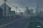  city cloud cloudy_sky house lamppost mother_(game) mother_2 no_humans original outdoors pole power_lines road scenery seo_tatsuya sky traffic_light tree twitter_username utility_pole 