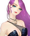 bare_shoulders blue_eyes blush breasts cleavage highres jewelry large_breasts lips lipstick long_hair makeup mascara mole mole_under_eye necklace original orry purple_hair solo 