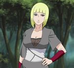  1girl blonde_hair blue_eyes breasts female fishnets hand_on_hip kunoichi naruto naruto_shippuuden ninja samui screencap short_hair solo stitched 