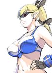  blonde_hair braid breasts earrings fingerless_gloves gloves hair_ribbon hand_on_hip jewelry kamen_rider kamen_rider_drive kamen_rider_drive_(series) large_breasts long_hair navel personification pointy_ears red_eyes ribbon rider-tan solo sunglasses type_formula ueyama_michirou 