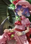  apple bloomers chihiro_p food fruit hat purple_hair red_eyes remilia_scarlet ribbon short_hair skirt skirt_basket skirt_lift solo touhou underwear water_drop water_wheel wings wrist_cuffs 