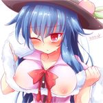  bad_id bad_pixiv_id banned_artist blue_hair blush breasts collarbone covered_nipples food fruit hat hinanawi_tenshi kisaragi_zwei large_breasts long_hair nipples no_bra one_eye_closed peach pink_eyes see-through shirt signature solo touhou towel upper_body very_long_hair wet wet_clothes wet_shirt 