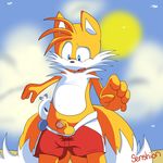  absurd_res ambiguous_gender anthro balls canine chao clothed clothing cute fox fur half-dressed hero_chao hi_res looking_down looking_up male mammal miles_prower outside penis senshion shorts size_difference sonic_(series) standing tongue uncut undressing video_games 