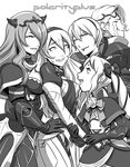 3girls armor camilla_(fire_emblem_if) cape clinging crying daniel_macgregor elise_(fire_emblem_if) female_my_unit_(fire_emblem_if) fire_emblem fire_emblem_if girl_sandwich gloves greyscale hair_between_eyes hair_over_one_eye hair_ribbon hairband harem height_difference leon_(fire_emblem_if) long_hair marks_(fire_emblem_if) monochrome multiple_boys multiple_girls my_unit_(fire_emblem_if) nervous pointy_ears ribbon sandwiched short_hair smile sweatdrop twintails 