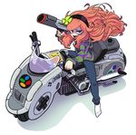  4chan akira bags_under_eyes clover commentary_request four-leaf_clover game_console gashi-gashi green_eyes ground_vehicle hairband hood hoodie long_hair motor_vehicle motorcycle no_shoes on_motorcycle shaded_face sharp_teeth socks solo super_famicom super_scope teeth vivian_james 