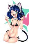  :3 ;) animal_ears bikini black_bikini blue_hair breasts cat_ears cat_tail contrapposto covered_nipples cowboy_shot cropped_legs curly_hair cyan_(show_by_rock!!) deel_(rkeg) detached_collar double_v drill_hair front-tie_bikini front-tie_top green_eyes highres maid_headdress navel one_eye_closed open_mouth short_hair show_by_rock!! side-tie_bikini small_breasts smile solo standing star star-shaped_pupils swimsuit symbol-shaped_pupils tail underboob v wide_hips 