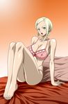  1girl ass bare_shoulders barefoot bed blonde_hair blue_eyes blush bra breasts cleavage earrings feet female highres jewelry large_breasts legs looking_at_viewer miss_valentine nel-zel_formula one_piece open_mouth panties pillow pink_bra pink_panties short_hair simple_background sitting solo thighs toes underwear underwear_only 