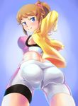  1girl artist_request ass bike_shorts blue_eyes blush breasts brown_hair cameltoe from_behind from_below gundam gundam_build_fighters gundam_build_fighters_try hoshino_fumina jacket long_hair looking_at_viewer looking_back mashitono_desu ponytail scrunchie sideboob smile solo tank_top thigh_strap 