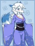  2011 anthro blue_background blue_eyes blue_fur blush breasts canine claws cleavage clothed clothing english_text female fox fur hair japanese_clothing kimono long_hair looking_at_viewer mammal plain_background skykain solo text white_fur white_hair 