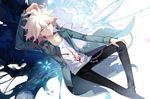  arm_up black_pants chain danganronpa dhiea floral_background grey_eyes hand_on_own_knee hood hood_down hoodie jacket komaeda_nagito long_sleeves looking_at_viewer male_focus messy_hair open_clothes open_jacket pants shirt sitting smile solo super_danganronpa_2 white_hair white_shirt 