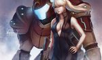  blonde_hair breasts cleavage ecchi_pantsu gun hand_on_hip metroid mole nintendo ponytail power_armor samus_aran varia_suit weapon 