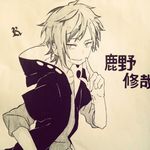  finger_to_mouth hood hoodie kagerou_project kano_shuuya looking_at_viewer male_focus mekakucity_actors mekakushi_code_(vocaloid) monochrome photo refibayu1 signature smirk solo traditional_media 