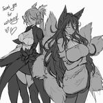  animal_ears breasts character_request cleavage cloud_kingdom crossed_arms fox_ears fox_tail greyscale large_breasts long_hair monochrome multiple_girls multiple_tails pas_(paxiti) showgirl_skirt sketch tail thank_you thighhighs 