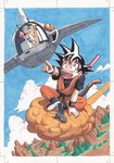  1girl absurdres black_hair blue_hair bulma cloud cloudy_sky day dragon_ball dragon_ball_(classic) flying_nimbus highres hovercraft jeter_(jeter_studio) mountain mouse pointing scan scan_artifacts sky son_gokuu space_craft tail traditional_media tree v watercraft 