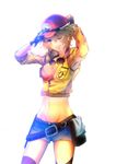  ;d arms_up baseball_cap belt belt_pouch bikini_top black_gloves black_legwear blonde_hair breasts cidney_aurum cleavage cowboy_shot cropped_jacket denim denim_shorts dirty_face final_fantasy final_fantasy_xv furisode_(pixilvina) gloves goggles goggles_around_neck green_eyes hat highres lips medium_breasts midriff multiple_belts navel one_eye_closed open_mouth pouch short_hair short_shorts shorts smile solo thighhighs wrench 