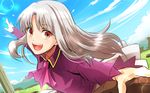  :d bad_id bad_pixiv_id cloud day dutch_angle fate/stay_night fate_(series) highres illyasviel_von_einzbern long_hair looking_at_viewer open_mouth outstretched_arms red_eyes shimo_(s_kaminaka) silver_hair sky smile solo spread_arms 