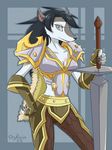  2011 anthro armor black_hair breasts camel_toe canine claws cleavage clothed clothing female grey_background grey_eyes hair long_hair looking_at_viewer mammal plain_background skykain solo sword unconvincing_armor video_games warcraft weapon were werewolf wolf worgen world_of_warcraft 