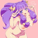  :d blue_eyes bow breasts double_v hair_bobbles hair_bow hair_ornament heart heart-shaped_pupils kntrs_(knyrs) large_breasts long_hair nipples nude open_mouth purple_hair ranma_1/2 shampoo_(ranma_1/2) smile solo symbol-shaped_pupils v 