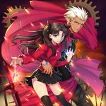  1girl archer between_fingers blue_eyes brown_hair da-cart dark_skin fate/stay_night fate_(series) gears gem jewelry necklace skindentation thighhighs toosaka_rin two_side_up unlimited_blade_works white_hair 