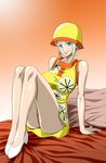  1girl ass bare_shoulders bed blonde_hair blue_eyes breasts cloche_hat dress earrings feet female hat highres jewelry large_breasts legs lemon_print looking_at_viewer miss_valentine nel-zel_formula one_piece panties pillow shoes short_hair simple_background sitting sleeveless smile solo thighs underwear upskirt 