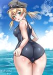  ass blonde_hair from_behind green_eyes hat kantai_collection long_hair one-piece_swimsuit prinz_eugen_(kantai_collection) sakiyamama school_swimsuit solo swimsuit twintails 