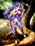  armor bikini_top blue_hair cloud clouds contrapposto furry genzoman green_eyes hair_ornament hand_on_hip headband jewelry krystal loincloth looking_at_viewer markings midriff navel necklace nintendo river sandals short_hair shoulder_pads signature smile solo spear staff star_fox tattoo toes tree tribal water 