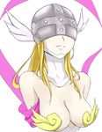  angewomon bad_id bad_pixiv_id bare_shoulders blonde_hair breasts cleavage den_(kur0_yuki) digimon digimon_adventure hagoromo helmet large_breasts long_hair rivets shawl simple_background smile solo upper_body white_background whorled_flames winged_helmet 