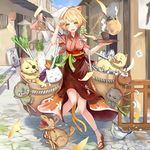  :d animal animal_ears ayakashi_hyakkiyakou bakatesu59 bell blonde_hair carrot cat cat_ears cup dog drinking_glass eyepatch fish food geta green_eyes head_scarf japanese_clothes jingle_bell lampion looking_at_viewer open_mouth original outdoors saliva sharp_teeth short_hair sign skirt smile socks spring_onion steam stone_floor tabi teapot teeth too_many too_many_cats tray vegetable water whiskers white_legwear 