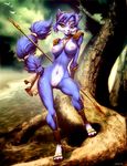  1girl armor blue_hair cloud clouds furry genzoman green_eyes hair_ornament headband jewellery jewelry krystal looking_at_viewer markings midriff navel necklace nintendo nipples nude river sandals short_hair shoulder_pads signature smile solo spear staff star_fox tattoo toes tree tribal water 