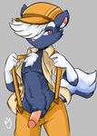  animal_crossing anthro black_fur clothed clothing fur gentlemanjim hair half-dressed hat kicks_(animal_crossing) male mammal nintendo nipples pcaduck penis pinup pose red_eyes skunk solo striped_tail suspenders video_games white_fur white_hair 