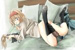  1girl alice_margatroid ass bad_id bad_pixiv_id banned_artist blonde_hair blue_eyes bottomless cum cum_in_clothes hairband hetero looking_at_viewer looking_back lying on_stomach penis shanghai_doll short_hair sock_on_penis sockjob socks touhou tsushima_(kaikyo) 
