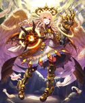  :o angel angel_wings chain_chronicle curly_hair feathered_wings feathers gauntlets highres light_rays long_hair looking_at_viewer mechanical_halo mechanical_wings original scarf steampunk toshi_gahara wings yellow_eyes 
