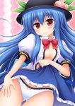  blue_hair blush bow bow_panties food fruit hat hinanawi_tenshi lifted_by_self long_hair nagana_sayui open_clothes open_shirt panties peach puffy_short_sleeves puffy_sleeves red_eyes shirt short_sleeves skirt skirt_lift smile solo standing touhou underwear very_long_hair white_hair white_panties 