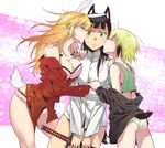  agahari animal_ears ass black_hair blonde_hair blush bra breasts brown_eyes bunny_ears bunny_tail charlotte_e_yeager cheek_kiss cleavage closed_eyes dog_ears dog_tail double_cheek_kiss erica_hartmann girl_sandwich green_panties highres katana kiss large_breasts long_hair looking_at_viewer multiple_girls off_shoulder open_clothes orange_hair panties pink_bra pink_panties sakamoto_mio sandwiched short_hair strike_witches sword tail tank_top underwear uniform weapon wedgie world_witches_series yuri 