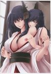  akatsuki_(ownpace) areolae bare_shoulders black_hair breasts breasts_outside fusou_(kantai_collection) huge_breasts japanese_clothes kantai_collection kimono large_breasts long_hair multiple_girls nipples open_mouth red_eyes yamashiro_(kantai_collection) yuri 