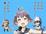  :3 ahoge anchor_hair_ornament animal_costume black_hair blonde_hair blush blush_stickers closed_eyes fish_costume gen_3_pokemon gloves hair_ornament hairband hat kantai_collection long_hair low_twintails microphone multiple_girls nagato_(kantai_collection) osakana_tengoku pokemon_(creature) prinz_eugen_(kantai_collection) purple_hair sakawa_(kantai_collection) short_hair tanaka_kusao thighhighs tongue translated twintails wailord whale_costume 
