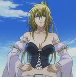  1girl anastasia anastasia_(brave_10) blonde_hair blue_eyes brave_10 breasts corset female highres large_breasts long_hair ponytail screencap solo stitched 