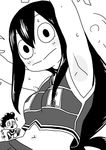  1girl :&gt; armpits arms_up asui_tsuyu blush boku_no_hero_academia cheering cheerleader greyscale hair_rings long_hair low-tied_long_hair mineta_minoru monochrome navel o_den pom_poms simple_background skirt solo_focus sweat tank_top white_background wide-eyed 