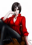  ada_wong black_hair black_legwear breasts brown_eyes cross cross_necklace esther high_heels highres jewelry medium_breasts necklace one_eye_closed pantyhose resident_evil resident_evil_6 shirt short_hair sitting sleeves_pushed_up solo unbuttoned 