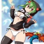  1girl airdramon bikini bikini_top black_jacket black_legwear breasts curvy digimon female goggles goggles_around_neck green_hair hetero jacket n36hoko orange_eyes over-kneehighs red_eyes shinomiya_rina short_hair sky swimsuit underboob unzipped 