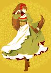  boots brown_footwear brown_hair dress fan flower green_dress gyakuten_kenji gyakuten_kenji_2 gyakuten_saiban hair_flower hair_ornament long_hair oyashiki_tsukasa pncnmmm skirt_hold solo very_long_hair yellow_background 