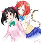  2014 2girls black_hair blush bow cutie_panther dated hair_bow heart licking_lips looking_at_another love_live! love_live!_school_idol_project multiple_girls narrowed_eyes nishikino_maki open_mouth otonokizaka_school_uniform panther_ears panther_tail pink_sweater purple_eyes red_eyes red_hair school_uniform signature skirt surprised suzume_miku sweater tongue tongue_out twintails yazawa_nico you_gonna_get_raped yuri 