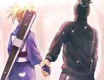  1girl black_hair blonde_hair couple fan hatomugi_(htmg_nrt) hetero holding_hands long_hair nara_shikamaru naruto naruto_(series) petals ponytail temari 